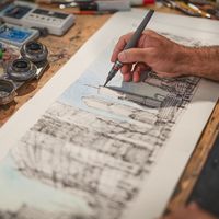 Yadegar Asisi koloriert die Panorama-Skizze in seinem Atelier ©asisi