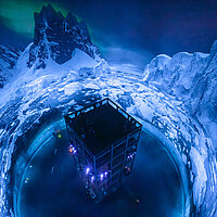 ANTARKTIS, 360°-Panorama von Yadegar Asisi im Panometer Leipzig, Blick auf den Besucherturm und das Panorama © asisi