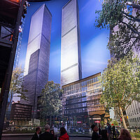 View of the two towers of the World Trade Center in the panorama NEW YORK 9/11; Photo: Tom Schulze © asisi